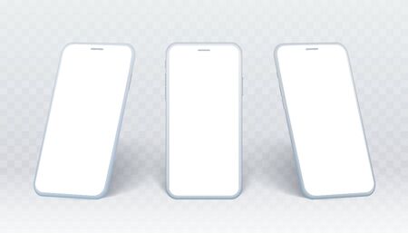 Smartphone side view set. White mobile phone collection in different angles. Isolated device on transparent background with empty screen for showing ui design or website.のイラスト素材