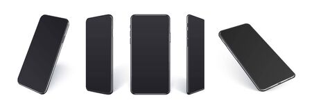 Realistic mobile phones mockup in different angles isolated, Perspective view cellular gadget with black empty screen isolated on white background for showing ui ux app design or website.のイラスト素材