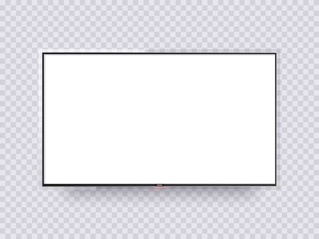 Realistic tv with thin glass frame and blank screen. Wall led television panel with shadow isolated. 3d tv display mockup with glow power button, vector illustration.のイラスト素材