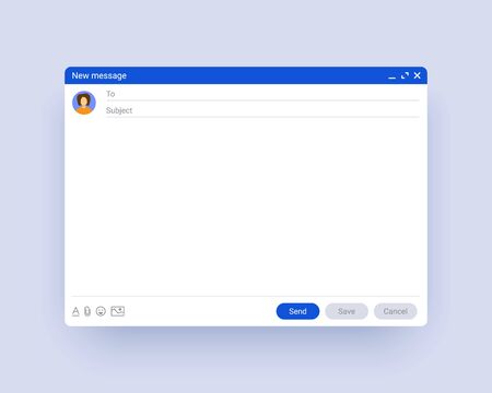 Email window template, new message interface mockup. Computer desktop screen of mail isolated. Abstract symbol of business or personal communication.のイラスト素材