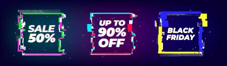 Glitch sale banner set, square shapes with glitch effect. Big cyber sale colored abstract vector...