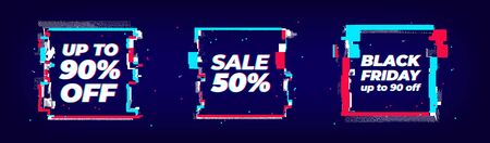 Glitch sale banner set, square shapes with glitch effect. Big cyber sale colored abstract vector illustration mock up, black friday template for web design, print, advertising.のイラスト素材