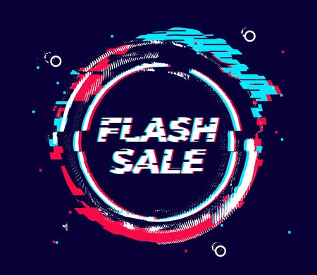 Glitch flash sale banner, distorted circle shape with glitch effect, noise and neon colors. Vector abstract ring template for sale, shopping, advertising, covers and flyers dsign.のイラスト素材