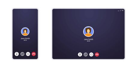 Video call screen on mobile phone and web. Conference chat application ui with mic and video icon and blank place for your picture. Mockup for home office and online learning on quarantine.のイラスト素材