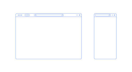 Browser template outline with blank place for website and mobile app. Internet page concept for desktop and smartphone. Minimalistic browser ui window in line style. Abstract vector mockup.のイラスト素材