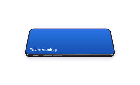 Horizontal phone mockup with blue empty screen isolated on white background. Realistic smartphone mobile concept for show your app and design, or video and social media. Vector illustration.のイラスト素材