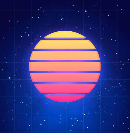 Futuristic sunset illustration in retro style. Vaporwave, synthwave abstract music banner or cover template with star sky and blue smoke background.のイラスト素材