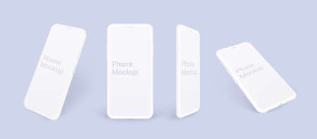 Realistic phone mockup, clay mobile set concept with shadow isolated. White smartphones in different angles view with blank screen, 3d vector illustration mocku up for app design presentation.のイラスト素材