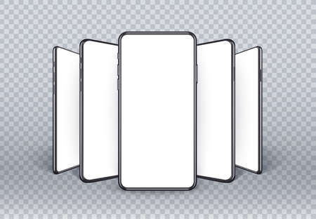 Realistic smartphone mockup, 3d mobile phone set with empty screen for your application ui design presentation. Thin frame device concept standing on the desk, isolated on transparent background.のイラスト素材