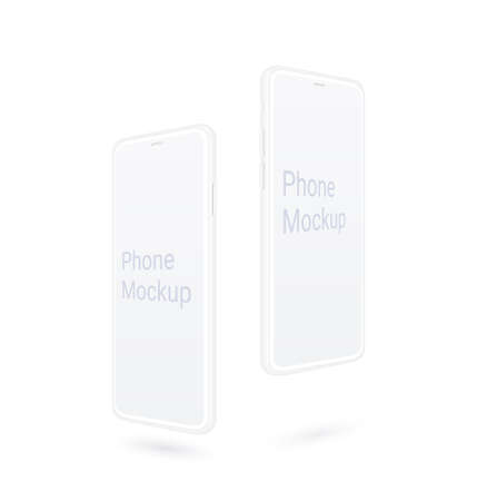 Clay smartphone mockup, flying realistic mobile device set with blank screen isolated on white background. Presentation kit for your app or web design. Vector modern phone with thin frame, 3d concept.のイラスト素材