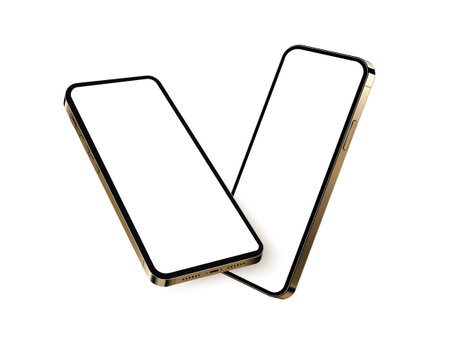 Gold smartphone mockup, realistic mobile concept rotated in 3d style, blank screens isolate. Glass phone flying for showing your ui app or web design, vector illustration.のイラスト素材