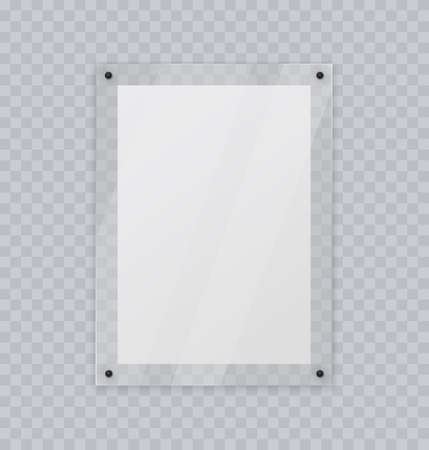 Acrylic glass frame, plastic frame for poster of photo, realistic mockup isolated hanging on transparent wall. White blank paper banner on  display, 3d vector illustration.のイラスト素材