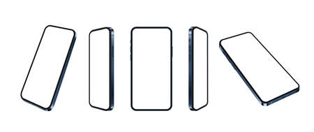 Blue smartphone realistic mockup, set of different angles mobile phone isolated. Blank screens for present app or web design. 3d cellular concept on white background, vector illustration.のイラスト素材