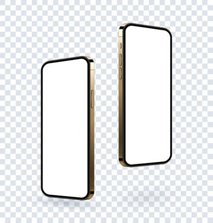 Realistic gold smartphone mockup, flying up 3d mobile device scene with empty screen. Frame less modern phones isolate set for show ui and ux design app and website. Vector illustration.のイラスト素材