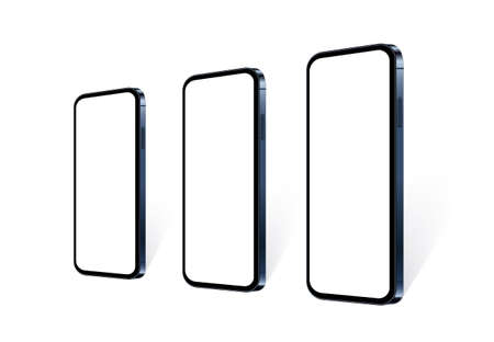 Realistic smartphones in row in perspective view with empty screen. Blue mobile phone mockup set for presentation your app design or website. Isolated cell device template, vector 3d illustration.のイラスト素材