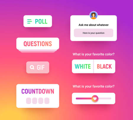Insta story sticker collection, social media labels template for your post and stories design on gradient background. Poll, quiz, countdown icon mockup, ui form and options, vector illustrationのイラスト素材