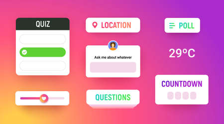 Story stickers with poll, hashtag, quiz, location, slider bar, countdown on white boards with shadow. Social media icons on modern gradient background, ask mockup banner, vector illustration.のイラスト素材