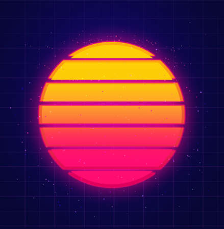 Retro sun glowing on star sky vaporwave and music background futuristic sunset in 80s style. Retrowave, synthwave futuristic background.のイラスト素材