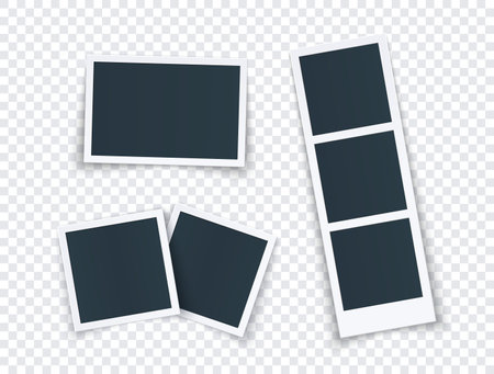 Photo frame collage in vintage style, Paper pictures in different shapes isolated on transparent background. Photo album page template, film strip.のイラスト素材