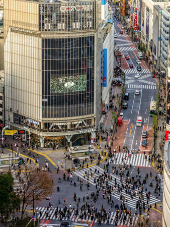 Looking down at Shibuya Scramble Crossingのeditorial素材