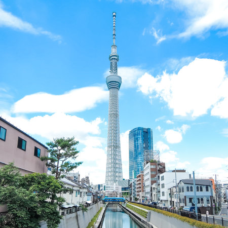 Tokyo Sky Tree upside down from Juma Bridge against the blue skyのeditorial素材