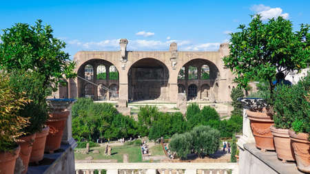 View of Foro Romano from the Hills of Palatino (Basilica of Maxentius, Basilica of Santa Francesca Romana, Temple of Romulus)の写真素材
