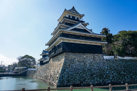 Nakatsu Castle Castle Tower in Nakatsu Castle Park reflecting in the blue skyのeditorial素材