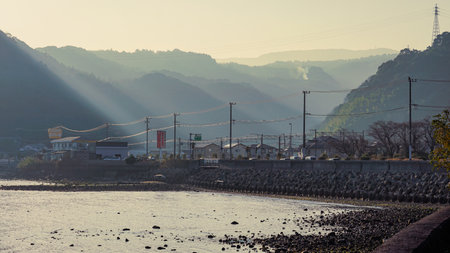 Beppu Bay in the evening from the coast near JR Bundo Toyooka Stationのeditorial素材