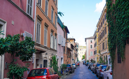Roman street corner, Trastevere district (below, alleys, alleyways, backstory, cobblestone)のeditorial素材