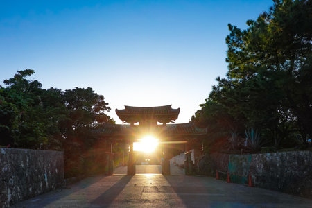 The sun from Morireimon, Okinawa Shuri Castleのeditorial素材
