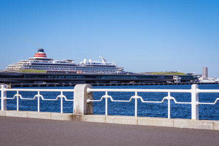 Yokohama Osanbashi Yamashita Park beyond the white handrail by the sea (Yokohama, Kanagawa)のeditorial素材