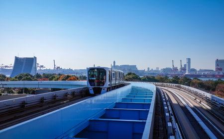 The Yurikamome Line train arriving at Odaiba Station (Minato-ku, Tokyo)のeditorial素材