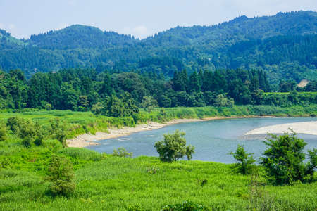 Shinano River meandering greatly near Ushigashima Ohashi Bridge (Kawaguchi-Ushigashima, Nagaoka...