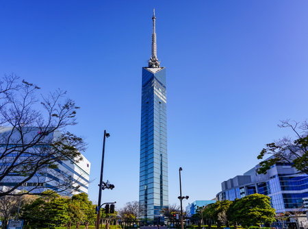 Fukuoka Tower towering over the blue sky (Hyakudohama, Fukuoka City, Fukuoka Prefecture)のeditorial素材