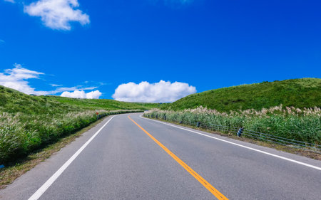 Drive view of Aso Milk Road with blue sky (Aso City, Kumamoto Prefecture)の写真素材