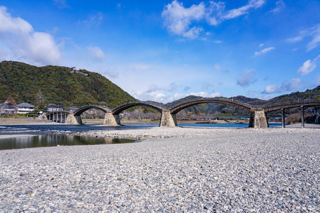 Kintai Bridge with blue spring sky (Iwakuni City, Yamaguchi Prefecture)の写真素材