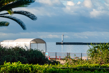 A refreshing summer morning at the spacious Marine Port Kagoshimaの写真素材