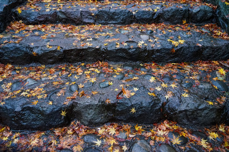 Ikaho Onsen in late autumn: Autumn leaves on the stone steps (Shibukawa City, Gunma Prefecture)