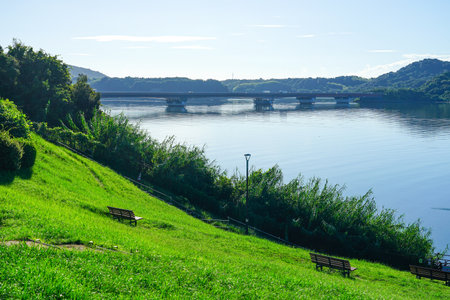 A clear autumn morning at Lake Hamana Service Area (Hamamatsu City, Shizuoka Prefecture)の写真素材