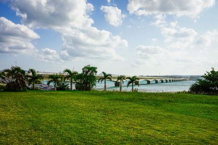 Kouri Bridge connects Kouri Island to the main island of Okinawaの写真素材