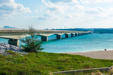 Kouri Bridge connects Kouri Island to the main island of Okinawaの写真素材