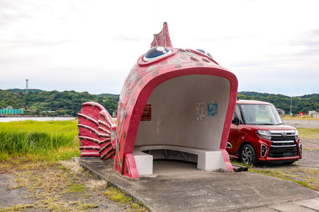 Fish Bus Stop/Asamacho Arakabu Bus Stop (Kakiurashima, Saikai City, Nagasaki Prefecture)の写真素材