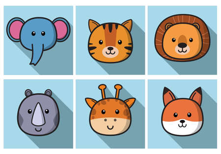 Set Of Cute Cartoon Animals Face Isolated . Vector Flat Design Illustration from Front. Suitable for Web site page, Mobile app and Social Media.のイラスト素材