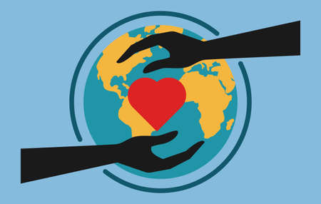 Isolated icon of two black hands protect our green world; Heart care, heart protect, love protect concept illustration. Symbol of caring for the beautiful world, love, charity.のイラスト素材