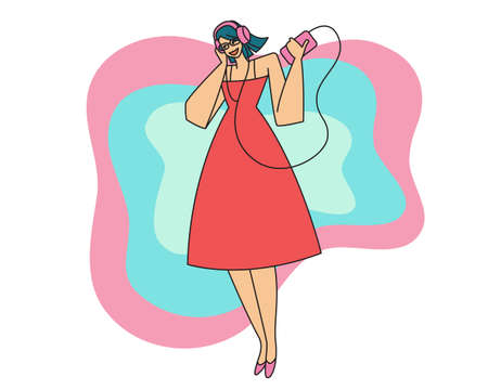 Trendy young happy woman listening to music with her headphones on background colorful. Flat design vector illustrationのイラスト素材