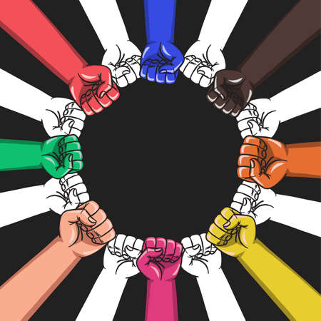 Colorful  fist is arranged in a circle .concept design vector illustration on black background.