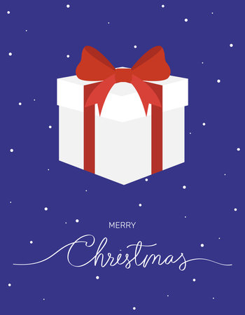 Gift box with snowflakes on blue background, Merry Christmas text Happy, X'mas new year greeting gift template. Vector design illustration.のイラスト素材