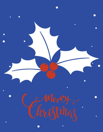 Holly berry with snowflakes on blue background, Merry Christmas text Happy, X'mas new year greeting gift template. Vector design illustration.のイラスト素材