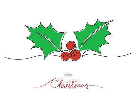 Continuous line drawing and color christmas holly berry and greeting merry christmas handwriting, Concept of Christmas. Holiday, New year. Vector design illustration on white background.のイラスト素材