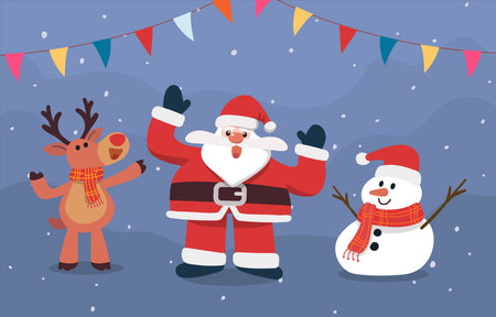 Reindeer, gingerbread, Santa Claus, and Merry Christmas cartoon characters are cheerful and happy with rainbow paper on the background, perfect for Christmas design. Vector design illustration.のイラスト素材